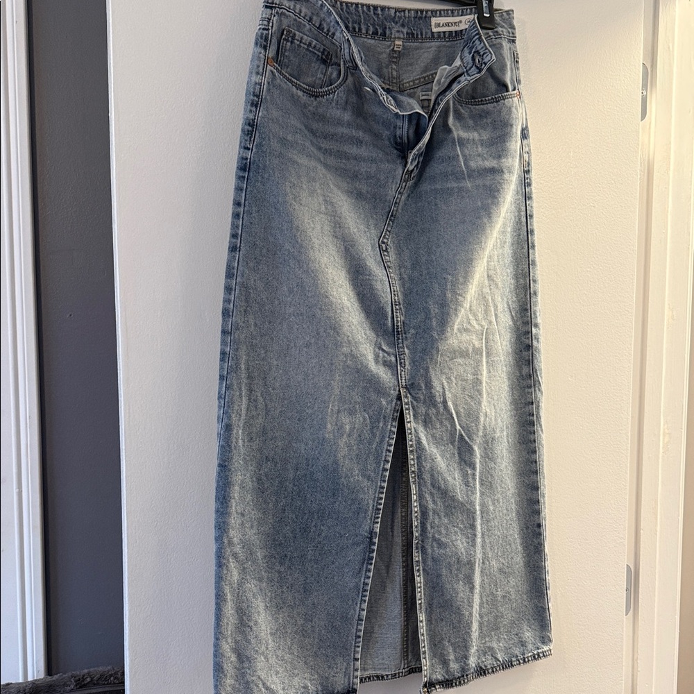 Blank NYC Light Blue Denim Maxi Skirt with Front Slit